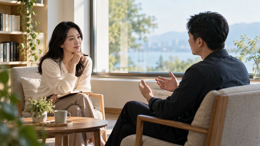 两个人在明亮安静的空间里对话