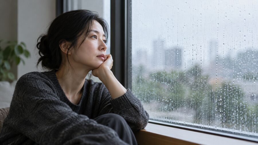 一位成年人在窗边安静思考