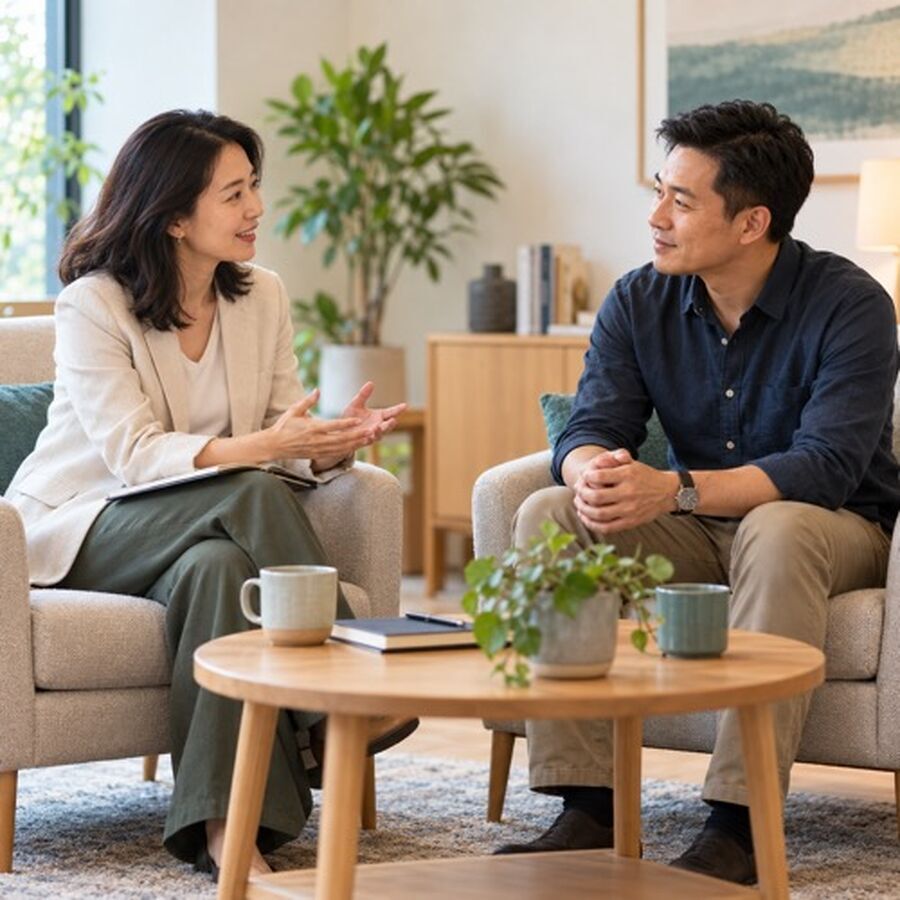 两位成年人面对面进行教练对话